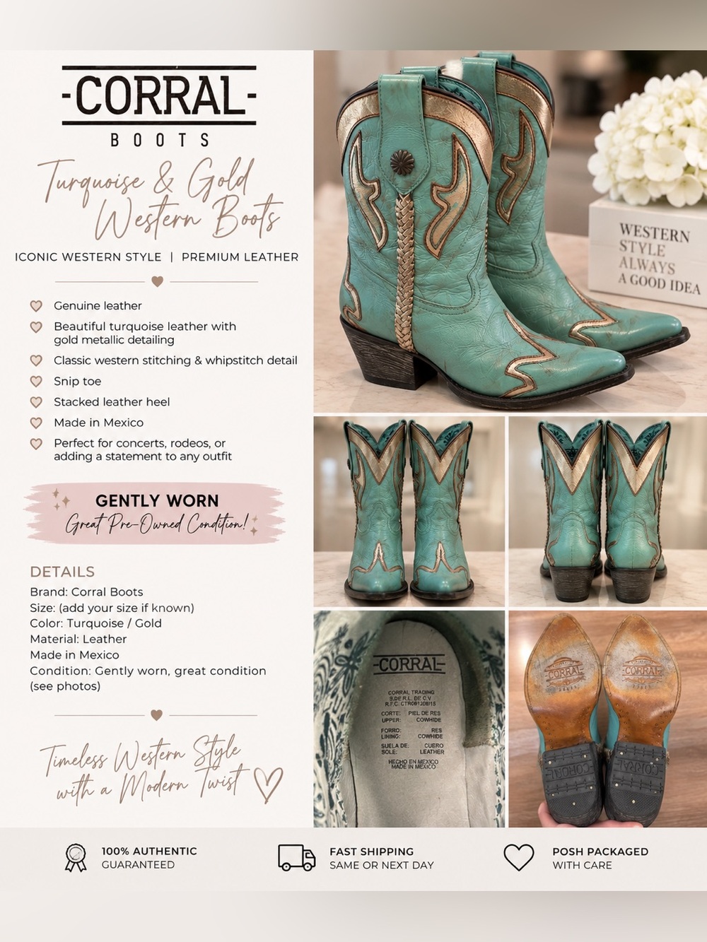 Corral Turquoise & Gold Western Leather Boots